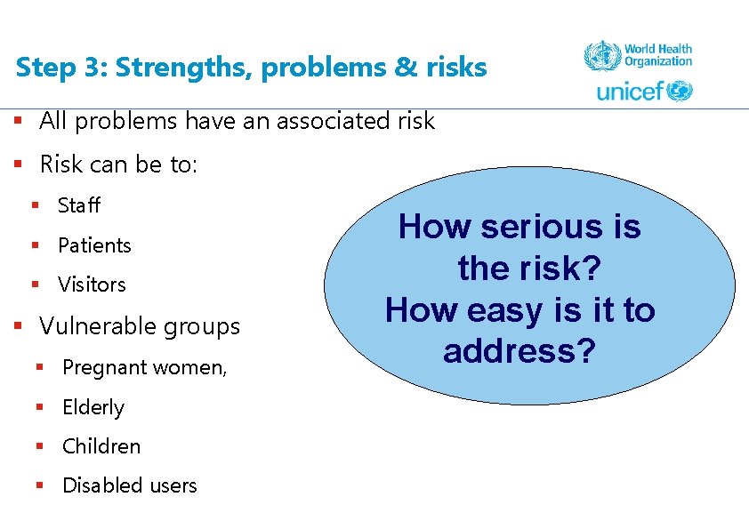 Step 3: Strengths, problems & risks § All problems have an associated risk §
