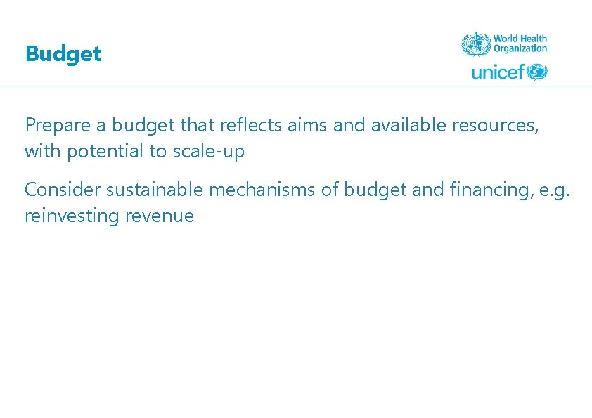 Budget Prepare a budget that reflects aims and available resources, with potential to scale-up