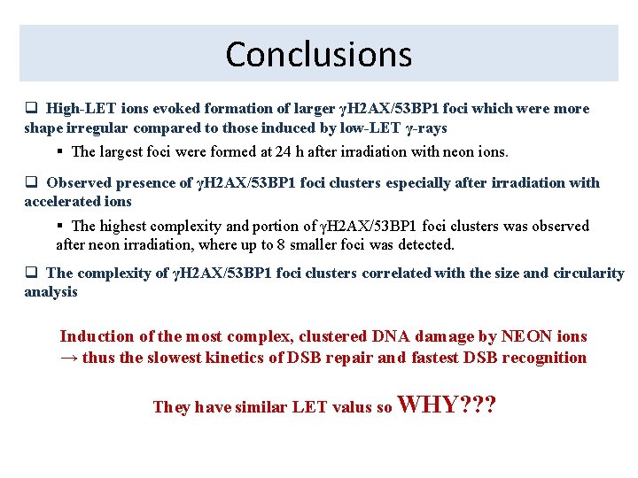 Conclusions q High-LET ions evoked formation of larger γH 2 AX/53 BP 1 foci