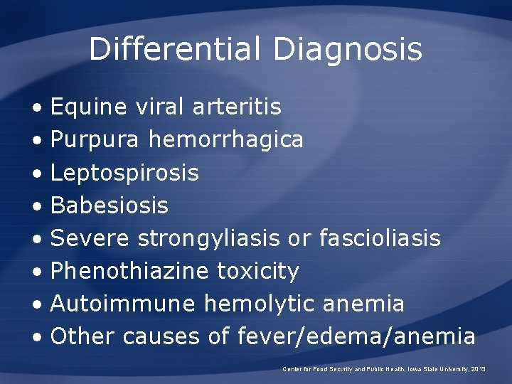 Differential Diagnosis • Equine viral arteritis • Purpura hemorrhagica • Leptospirosis • Babesiosis •