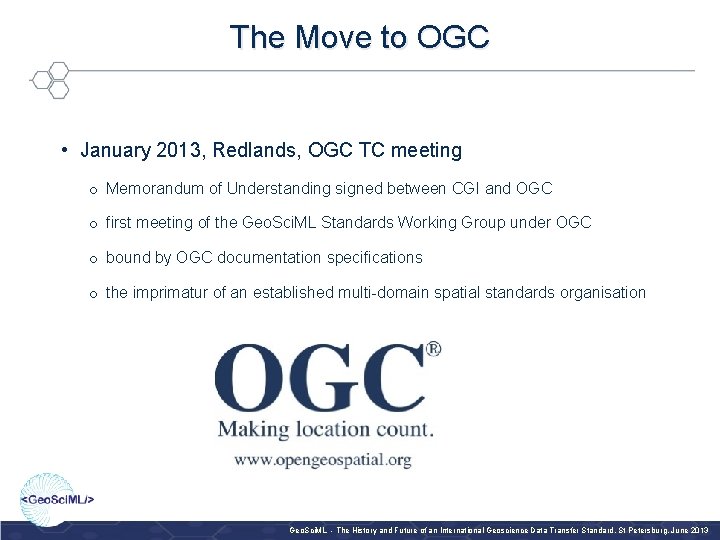 The Move to OGC • January 2013, Redlands, OGC TC meeting o Memorandum of