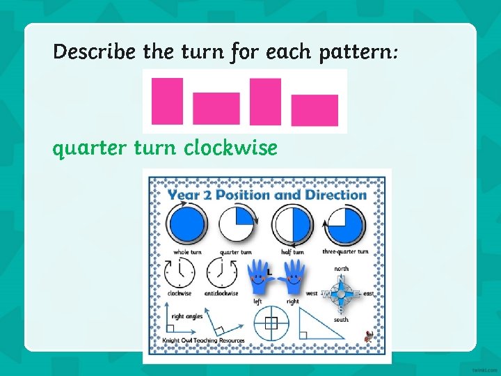 Describe the turn for each pattern: quarter turn clockwise 