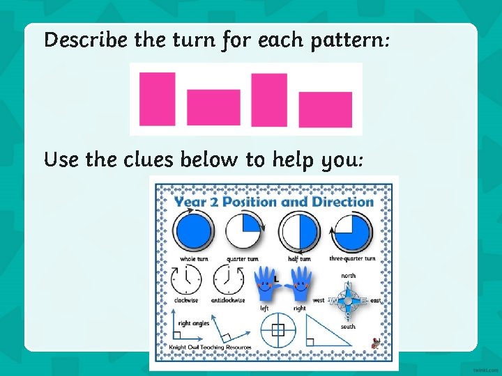 Describe the turn for each pattern: Use the clues below to help you: 