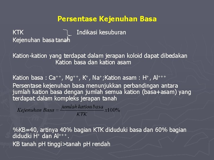 Persentase Kejenuhan Basa KTK Kejenuhan basa tanah Indikasi kesuburan Kation-kation yang terdapat dalam jerapan