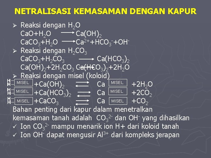 NETRALISASI KEMASAMAN DENGAN KAPUR Reaksi dengan H 2 O Ca. O+H 2 O Ca(OH)2