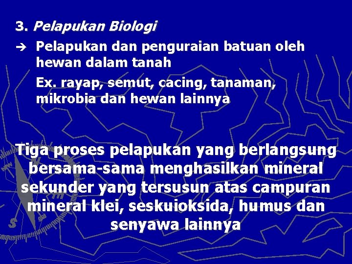 3. Pelapukan Biologi è Pelapukan dan penguraian batuan oleh hewan dalam tanah Ex. rayap,