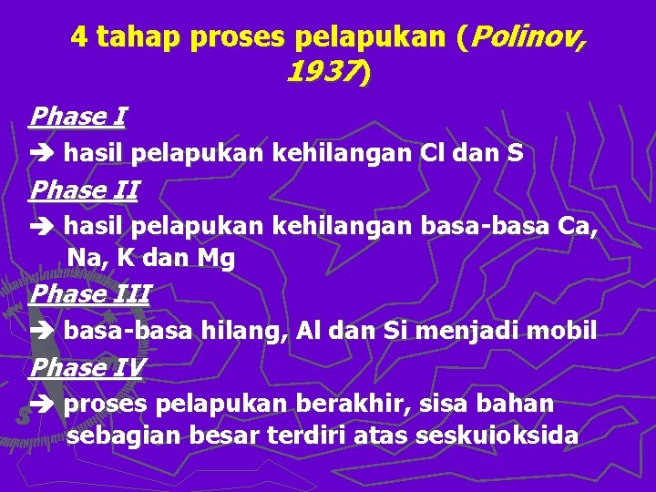 4 tahap proses pelapukan (Polinov, 1937) Phase I hasil pelapukan kehilangan Cl dan S