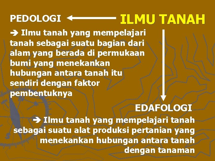 PEDOLOGI ILMU TANAH Ilmu tanah yang mempelajari tanah sebagai suatu bagian dari alam yang