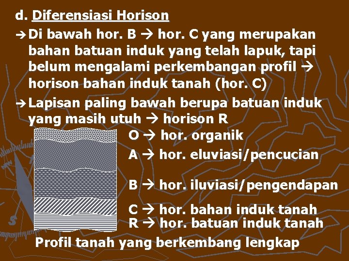 d. Diferensiasi Horison è Di bawah hor. B hor. C yang merupakan bahan batuan