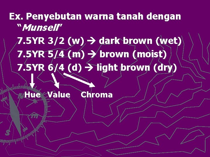 Ex. Penyebutan warna tanah dengan “Munsell” 7. 5 YR 3/2 (w) dark brown (wet)