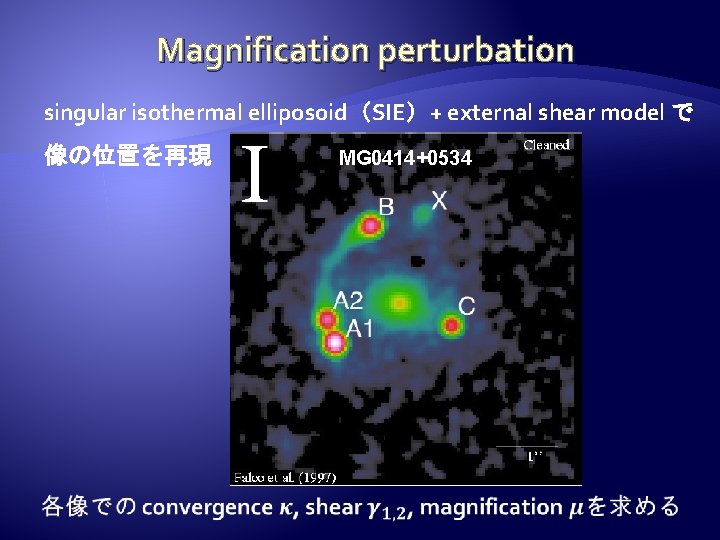 Magnification perturbation singular isothermal elliposoid（SIE）+ external shear model で 像の位置を再現　 MG 0414+0534 