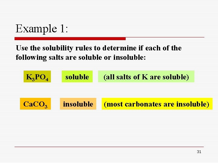 Example 1: Use the solubility rules to determine if each of the following salts Example 1: Use the solubility rules to determine if each of the following salts