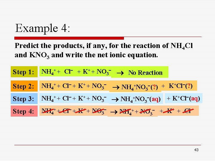 Example 4: Predict the products, if any, for the reaction of NH 4 Cl Example 4: Predict the products, if any, for the reaction of NH 4 Cl