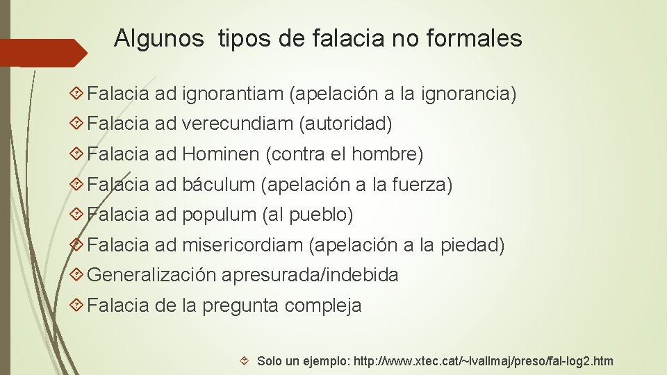 Algunos tipos de falacia no formales Falacia ad ignorantiam (apelación a la ignorancia) Falacia