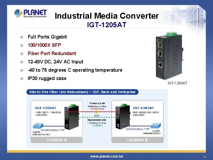 Industrial Media Converter IGT-1205 AT u Full Ports Gigabit u 100/1000 X SFP u