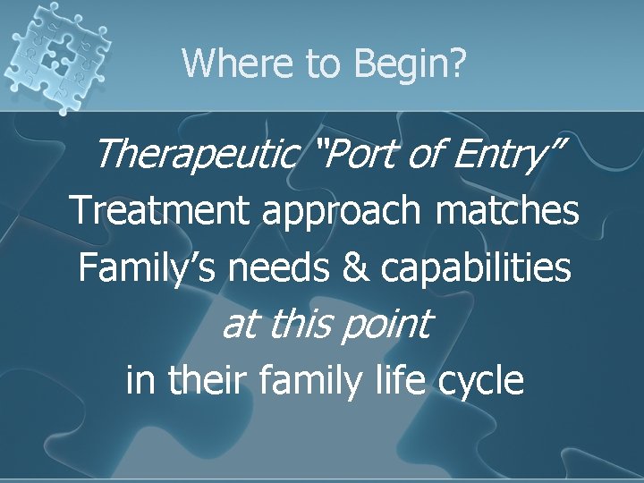 Where to Begin? Therapeutic “Port of Entry” Treatment approach matches Family’s needs & capabilities