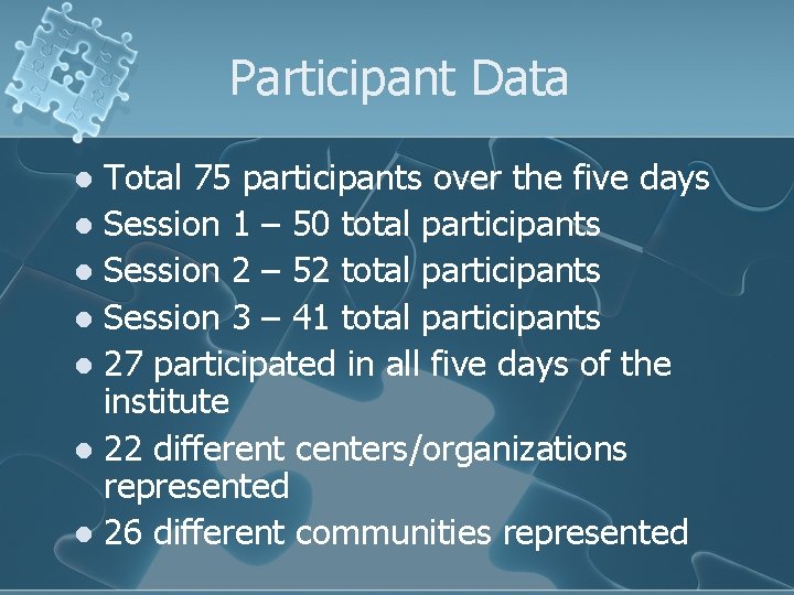 Participant Data Total 75 participants over the five days l Session 1 – 50