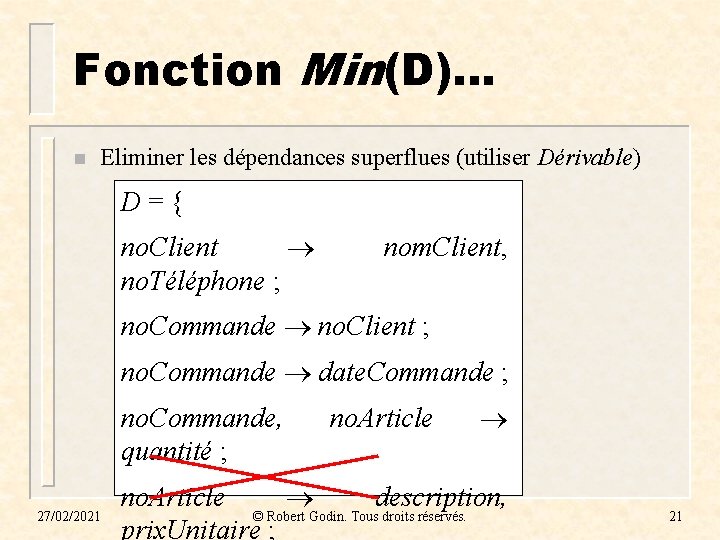 Fonction Min(D). . . n Eliminer les dépendances superflues (utiliser Dérivable) D = { Fonction Min(D). . . n Eliminer les dépendances superflues (utiliser Dérivable) D = {