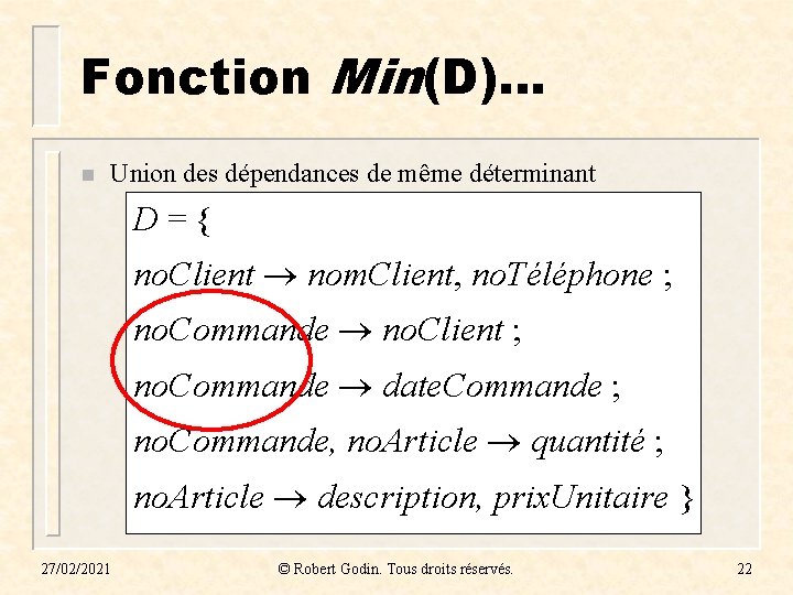 Fonction Min(D). . . n Union des dépendances de même déterminant D = { Fonction Min(D). . . n Union des dépendances de même déterminant D = {