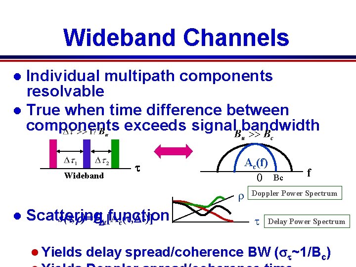 Wideband Channels Individual multipath components resolvable l True when time difference between components exceeds Wideband Channels Individual multipath components resolvable l True when time difference between components exceeds