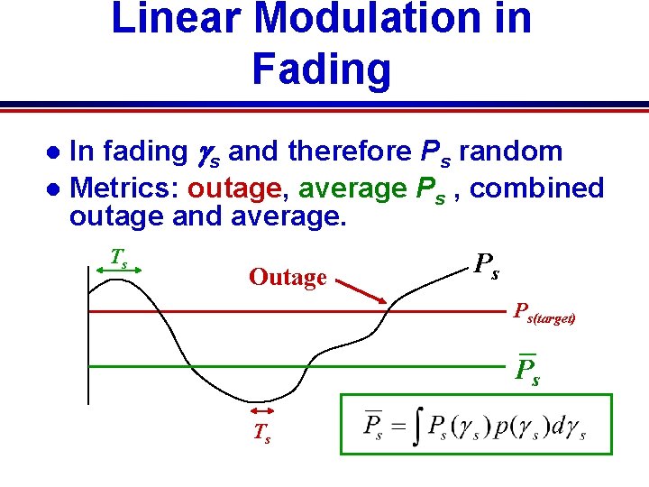Linear Modulation in Fading In fading gs and therefore Ps random l Metrics: outage, Linear Modulation in Fading In fading gs and therefore Ps random l Metrics: outage,