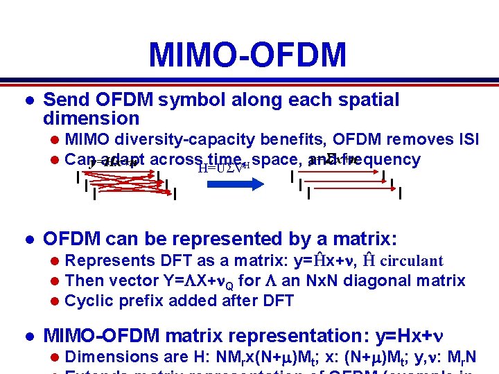 MIMO-OFDM l Send OFDM symbol along each spatial dimension l l l OFDM can MIMO-OFDM l Send OFDM symbol along each spatial dimension l l l OFDM can