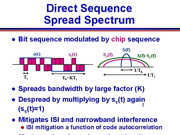 Direct Sequence Spread Spectrum l Bit sequence modulated by chip sequence s(t) sc(t) Sc(f) Direct Sequence Spread Spectrum l Bit sequence modulated by chip sequence s(t) sc(t) Sc(f)