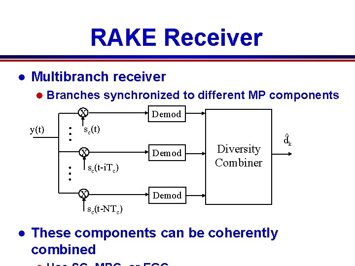 RAKE Receiver l Multibranch receiver l y(t) Branches synchronized to different MP components x RAKE Receiver l Multibranch receiver l y(t) Branches synchronized to different MP components x