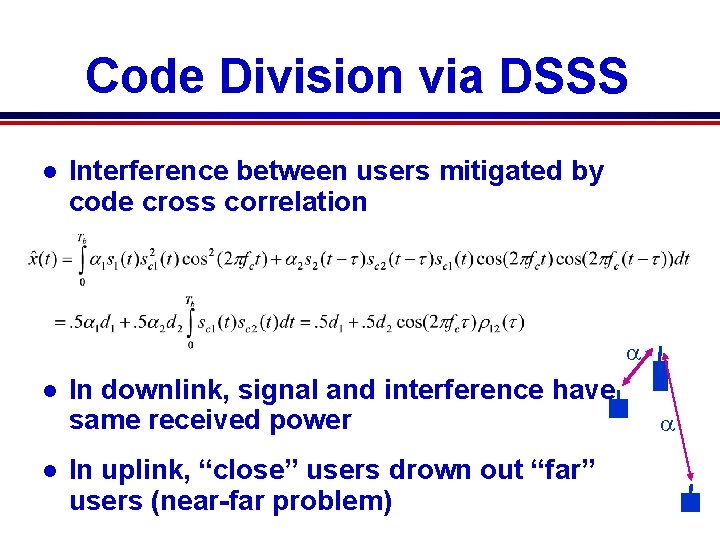 Code Division via DSSS l Interference between users mitigated by code cross correlation a Code Division via DSSS l Interference between users mitigated by code cross correlation a