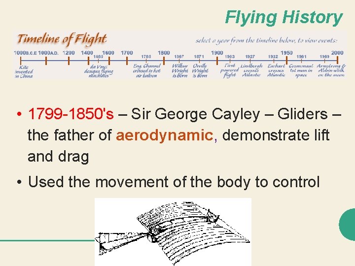 Flying History • 1799 -1850's – Sir George Cayley – Gliders – the father