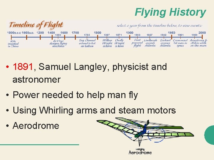 Flying History • 1891, Samuel Langley, physicist and astronomer • Power needed to help