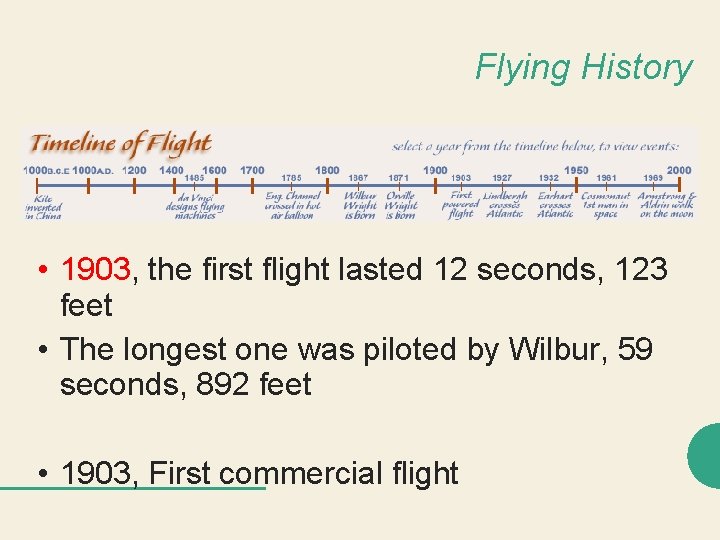 Flying History • 1903, the first flight lasted 12 seconds, 123 feet • The