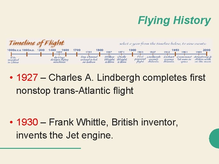 Flying History • 1927 – Charles A. Lindbergh completes first nonstop trans-Atlantic flight •