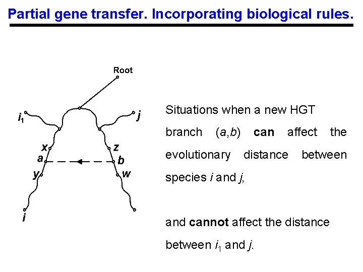 Partial gene transfer. Incorporating biological rules. Situations when a new HGT branch (a, b)