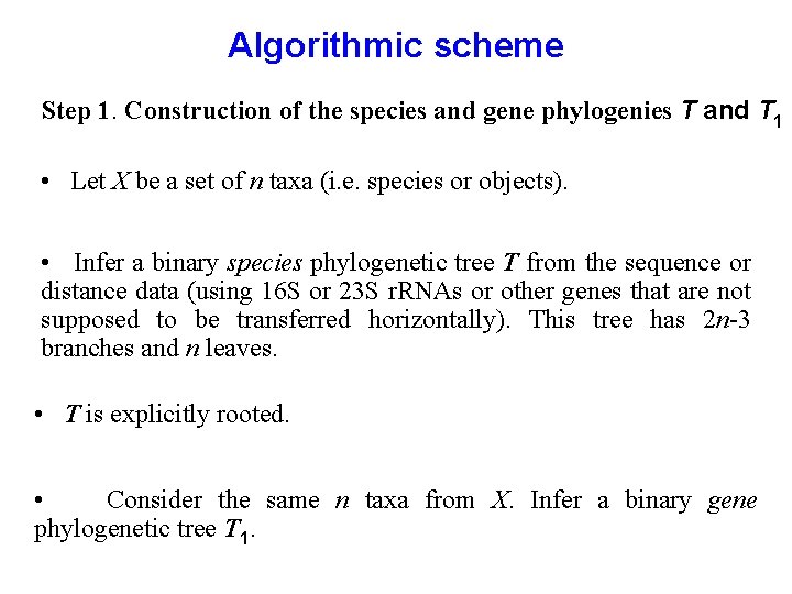 Algorithmic scheme Step 1. Construction of the species and gene phylogenies T and T