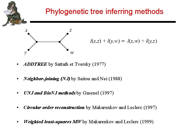 Phylogenetic tree inferring methods • ADDTREE by Sattath et Tversky (1977) • Neighbor-joining (NJ)