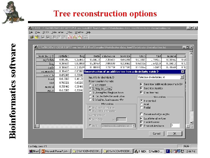 Bioinformatics software Tree reconstruction options 