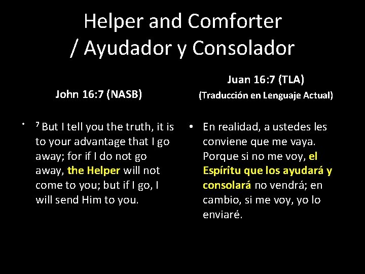 Helper and Comforter / Ayudador y Consolador John 16: 7 (NASB) • 7 But