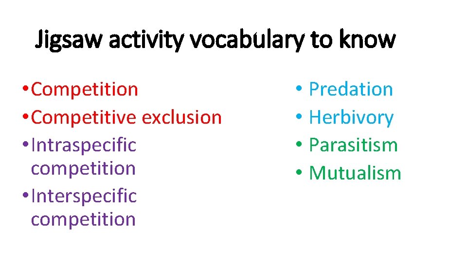 Jigsaw activity vocabulary to know • Competition • Competitive exclusion • Intraspecific competition •