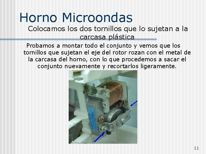 Horno Microondas Colocamos los dos tornillos que lo sujetan a la carcasa plástica Probamos