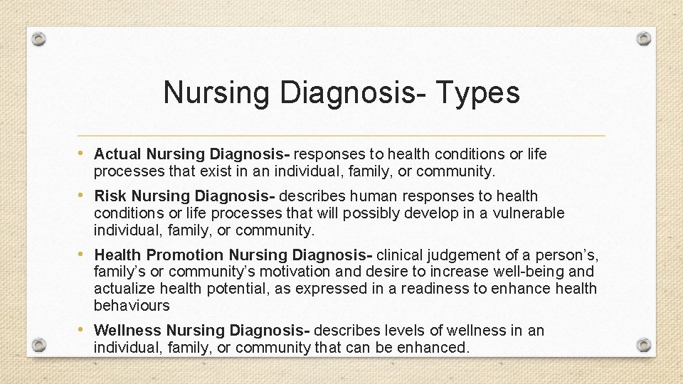 Nursing Diagnosis- Types • Actual Nursing Diagnosis- responses to health conditions or life processes