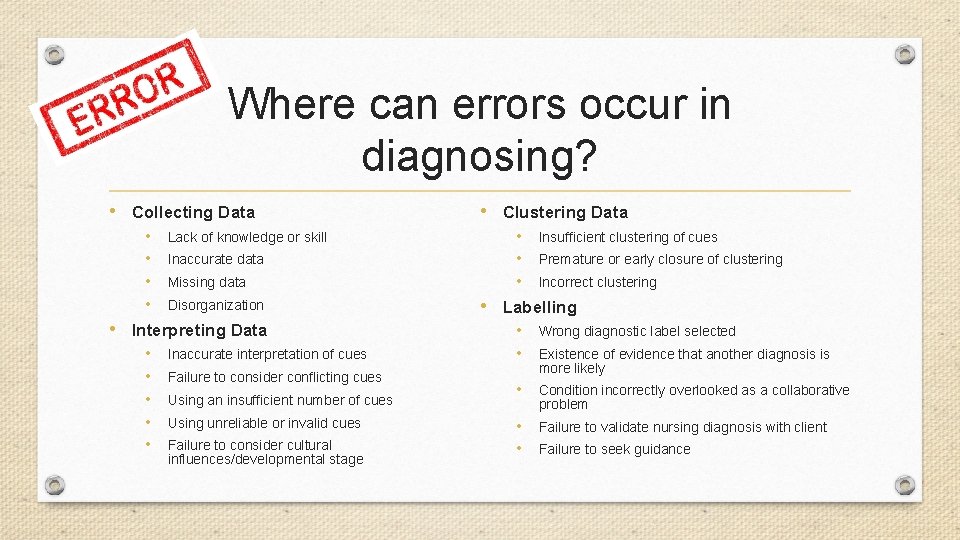 Where can errors occur in diagnosing? • Collecting Data • • Lack of knowledge