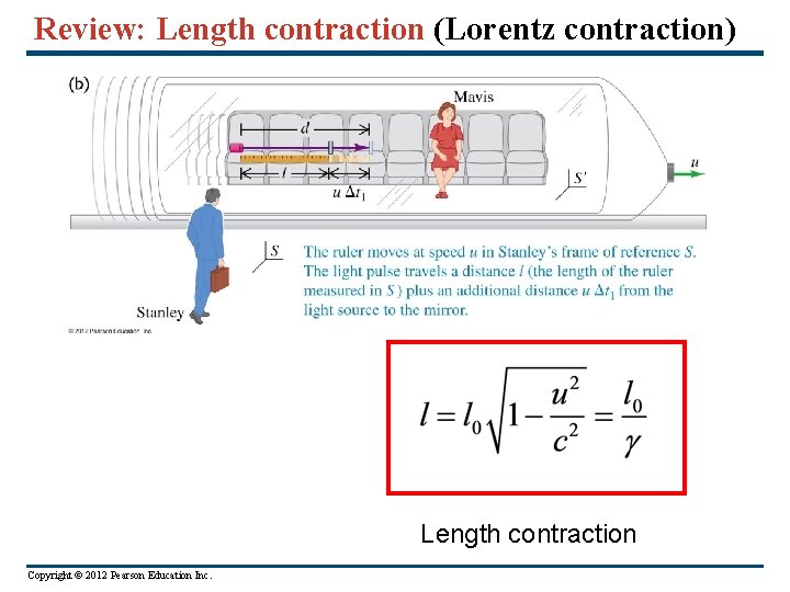 Review: Length contraction (Lorentz contraction) Length contraction Copyright © 2012 Pearson Education Inc. 