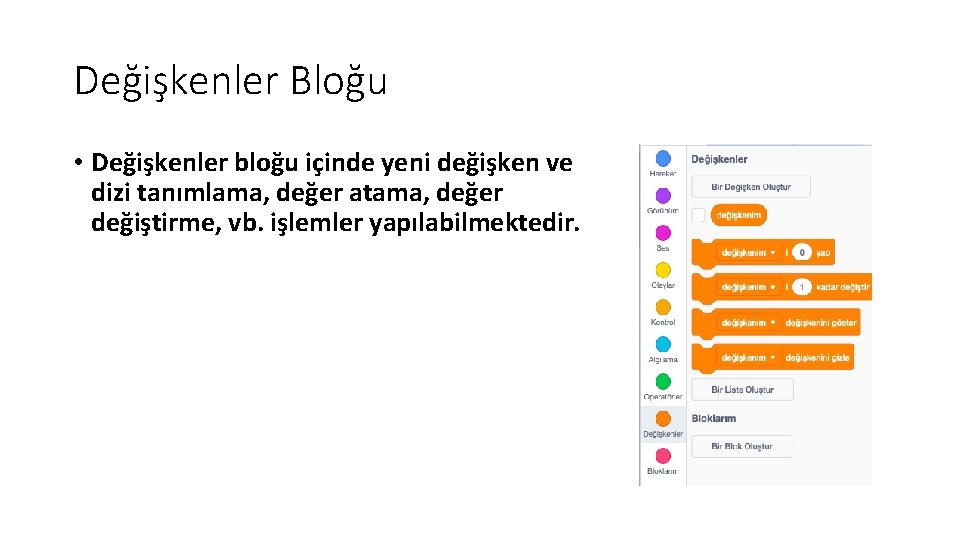 Değişkenler Bloğu • Değişkenler bloğu içinde yeni değişken ve dizi tanımlama, değer atama, değer