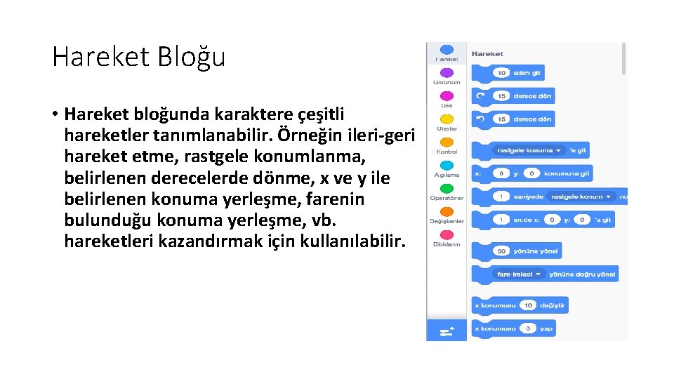 Hareket Bloğu • Hareket bloğunda karaktere çeşitli hareketler tanımlanabilir. Örneğin ileri-geri hareket etme, rastgele