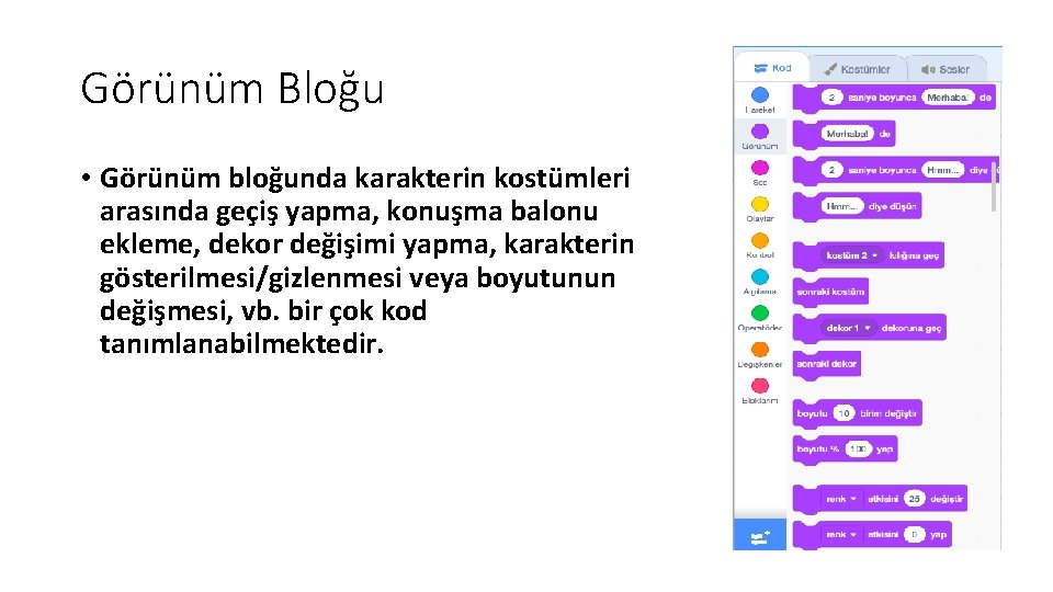 Görünüm Bloğu • Görünüm bloğunda karakterin kostümleri arasında geçiş yapma, konuşma balonu ekleme, dekor Görünüm Bloğu • Görünüm bloğunda karakterin kostümleri arasında geçiş yapma, konuşma balonu ekleme, dekor