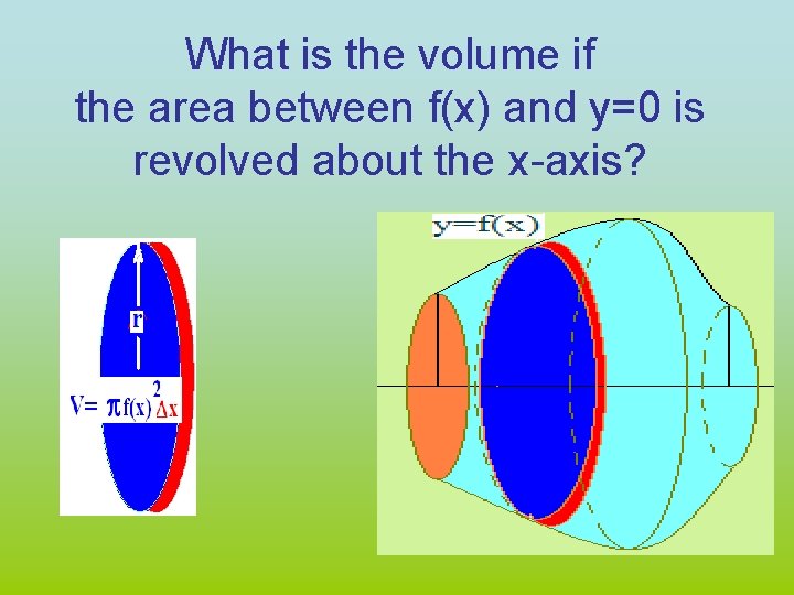 What is the volume if the area between f(x) and y=0 is revolved about