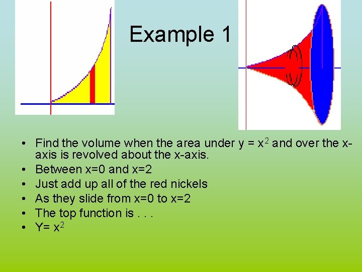 Example 1 • Find the volume when the area under y = x 2