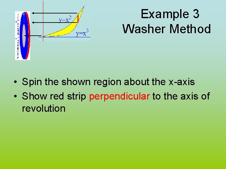 Example 3 Washer Method • Spin the shown region about the x-axis • Show