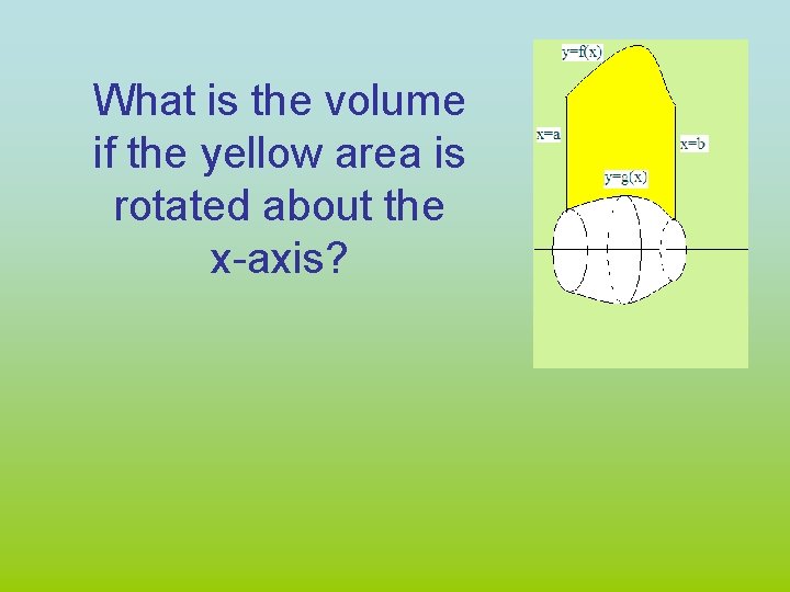 What is the volume if the yellow area is rotated about the x-axis? 